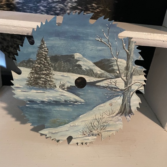 Hand Painted Winter Scene Saw Blade Wall Art Landscape Decor - Picture 1 of 5